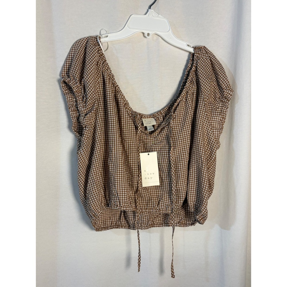 A New Day Brown Gingham Check Ruffle Cap Sleeve Tie Front Top Large NWT